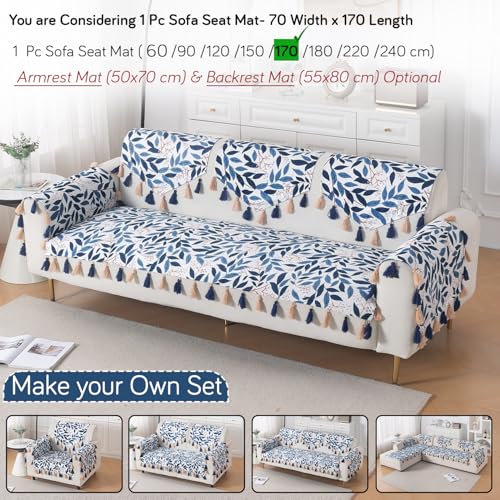 Image of HOKIPO Printed Holland Velvet Sofa Cover with Tassel for 1 /2 /3 Seater & L Shape Sofa | Make Your Own Set, 'Whispers of Nature' Sofa Mat, 70(W) x 170(L) cm, Indigo Foliage (IN-1121-D10)