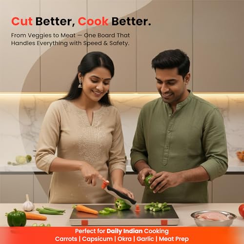 Image of Stainless Steel Chopping Board with Knife Attached, Large Steel Cutting Board for Kitchen with Anti Slip Pads, Vegetable Cutting Board Stainless Steel 35.5 x 31 cm