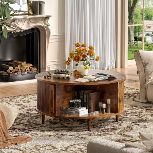 Image of Round Coffee Table, 31.5 inch Fluted Center Table with Storage, Lift-Top Coffee Table with Adjustable Footpads, Sliding Door, Mid-Century Modern Center Table for Living Room, Small Space (Brown)