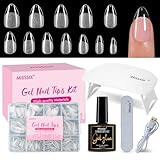 Misssix Short Almond Gel Nail Tips Kit, 216Pcs Pre Etched Clear Fake Nails, Full Cover False Nail 9-in-1 Gel Glue and Portable Mini U V Nail Lamp for Women 12 Sizes
