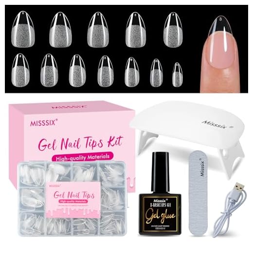 Misssix Short Almond Gel Nail Tips Kit, 216Pcs Pre Etched Clear Nail Tips