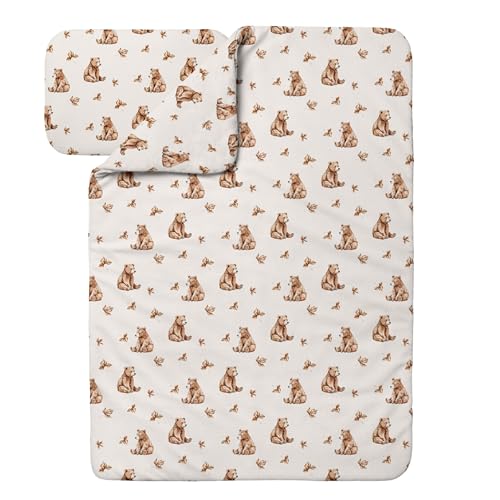 Waldin Juego de Ropa de Cama para Bebé y Niño 100% Bambú, sin Funda, Hipoalergénico, Manta y Almohada, Ositos/Beige, 100x135cm + 60x40cm