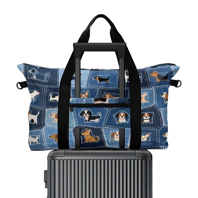 Denim Patchwork Art Foldable Travel Duffel Tote Bag, Cartoon Puppy Dogs Weekender Bag Carry On Tote Bags for Women, Large 30L2