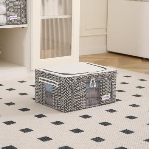 Image of HOKIPO Wardrobe Organizer Storage Box | Foldable Cloth Storage Boxes with Metal Frame & Window | 600D Oxford Fabric | 24L, Pack of 1 Charcoal Grey (AR-5927-CGRY)