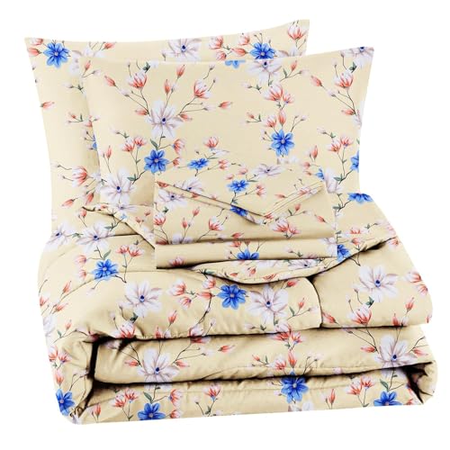 Image of HOMEKART 220 GSM Microfiber 4-Piece Comforter Bedding Set for Double Bed | King Size AC Comforter with Flat Bedsheet (90x100 Inch) & 2 Pillow Covers | Soft, Lightweight & All-Season | Beige-Blue