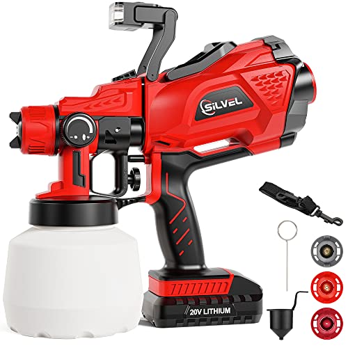Silvel Cordless Paint Sprayer, 20V 150W Electric Paint Gun, Handheld Hvlp Spray Paint Gun, With 3 Copper Nozzles, 3 Spray Patterns, 1200Ml Container And Led Light, Spray Gun For Wood Fence Furniture #TOP14