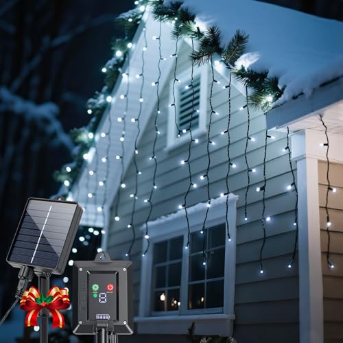 Aigostar Luci Natale Esterno Cascata Solari 3M+5M*0.6M 100 LED Tenda Luminosa Natale Esterno Impermeabile IP65, 8 Modos per Natalizie Finestra Balcone Patio Feste. Luce Bianca Fredda