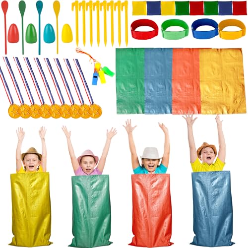 45 Pcs Potato Sack Race Bags Set Include Potato Sacks 3-Legged Race Bands Bean Bag Tent Nails Medals Egg Spoon Whistles Lawn Outdoor Relay Race Games Party for Kids Adults Field Day Family Birthday