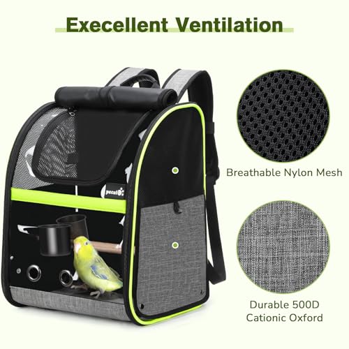 Image of Pecute Bird Carrier Backpack, Parrots Bird Backpack with Visible Window, Adjustable Height Standing Perch, Feeding Cans, Waterproof Pads, Lightweight Foldable Birds Travel Cage for Hiking Camping