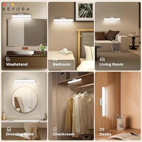 Image of KEYORA Slim LED Under Cabinet Lamp with Curved Edge, 3-Color Dimmable Modes, 1200mAh Battery, USB Rechargeable Magnetic Mount LED Light Bar for Kitchen, Closet, Wardrobe & Bedroom Lighting