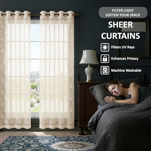 Image of Kuber Industries 4 Pcs Net Cotton 7 Feet Door Curtain Vine Designfor Home Decor | Semi Sheer Grommet Curtains for Living Room /Bedroom | RC317 - Delhi Cream