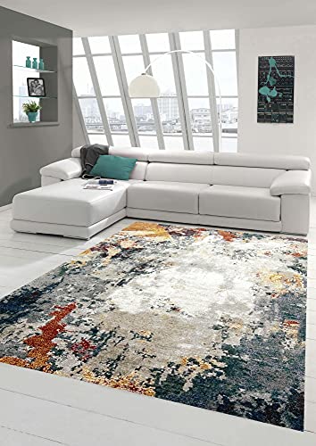 Moderner Teppich abstraktes Design Flur Wohnzimmer grau blau rot - pflegeleicht Größe 160x230 cm