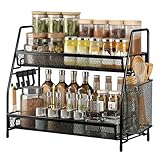 Étagère à épices à 2 niveaux avec 4 crochets et panier latéral, organisateur de station de...
