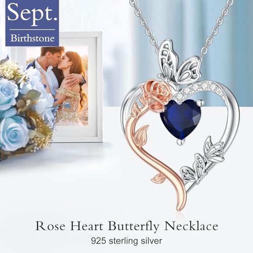 TOUPOP Rose Heart Birthstone Necklace 925 Sterling Silver Heart Butterfly Pendant Love Jewelry Birthday Christmas Gifts for Women Her3