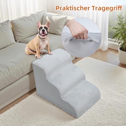 KSIIA Hundetreppe 3 Stufen, 40cm Hoch Haustiertreppe Hundetreppe für Kleine Hunde, Katzentreppe Hunderampe mit Waschbar Bezug für Bett, Couch, Sofa und Auto, 40x57x40cm, Grau