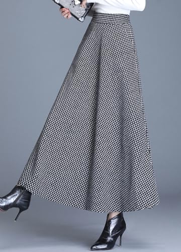 chouyatou Women's Fall Winter Plaid Wool Skirt Pleated Elastic Waist A-Line Swing Maxi Long Skater Skirts4