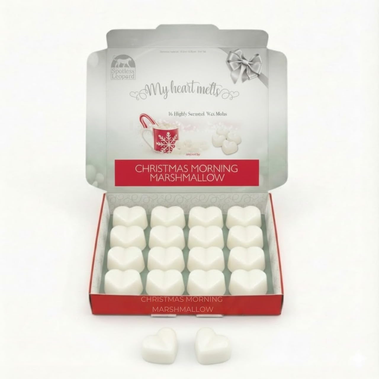 Marshmallow Wax Melts - 96 Hours Burn Time - 16 x 6g Heart-Shaped Strong Scented Christmas Marshmallow Wax Melts in an Elegant Presentation Gift Box