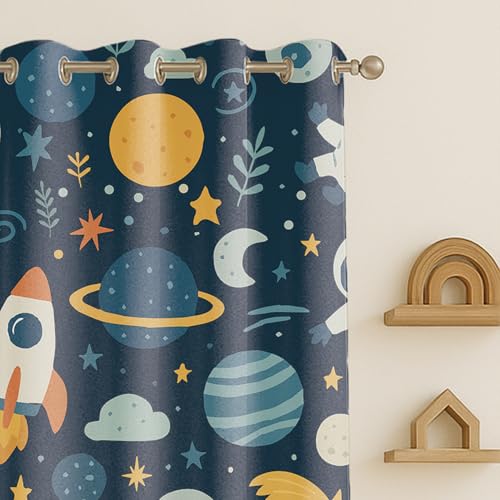 Image of STITCHNEST Velvet Kids Curtains Pack of 2 | Space Rocket & Astronaut Print | Semi Blackout Curtains for Nursery, Toddler & Kids Room | 5 Feet