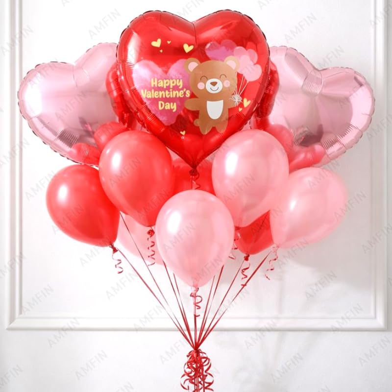 Image of AMFIN (Pack of 9) Happy Valentine's Day Balloon Decoration Set | Romantic Heart Foil Bouquet Metallic Helium Bunch Proposal Anniversary Celebration Party Decor - Red Teddy
