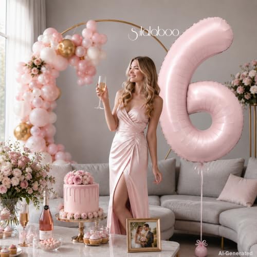 Image of 40 Inch Light Pink Number 6 Foil Big 0-9 Giant Digital Balloon | 6th for Birthday Anniversary Graduation Decorations