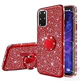 Nadoli Glitzer Hülle für Galaxy A31,Kristall Diamant Strass Bumper mit 360 Ring Kickstand Silikon Schutzhülle Handyhülle Frauen Mädchen für Samsung Galaxy A31,Rot