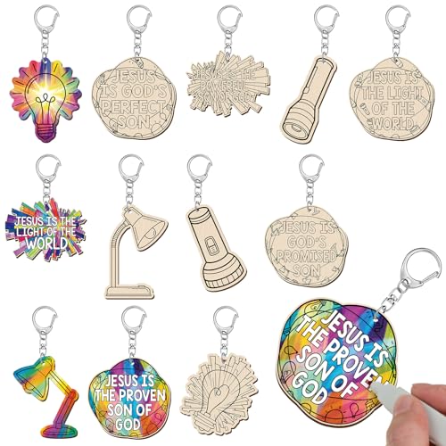 RattanView 24 Pcs VBS 2026 DIY Set Illumination Themed Craft Color Your Own Keychains DIY Craft Wooden Blank Keychains for Sunday School Classroom Home Active Party Favors Gifts 12 Styles