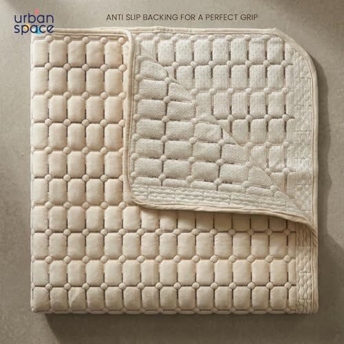 Image of Urban Space Velvet Embroidery Quilted Sofa Cover mat, Premium 1 Seater Non-Slip Sofa slipcover, Easy Care & Machine Washable, Seat Runner for Couch for Living Space (1 Seater - Box Grid - Beige)