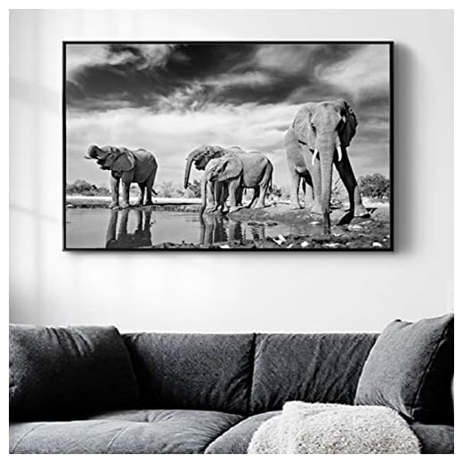 Väggkonst elefant vid floden Afrika djurliv canvasmålning svartvita landskap affischer tryck bilder heminredning – 40 x 60 cm ingen ram
