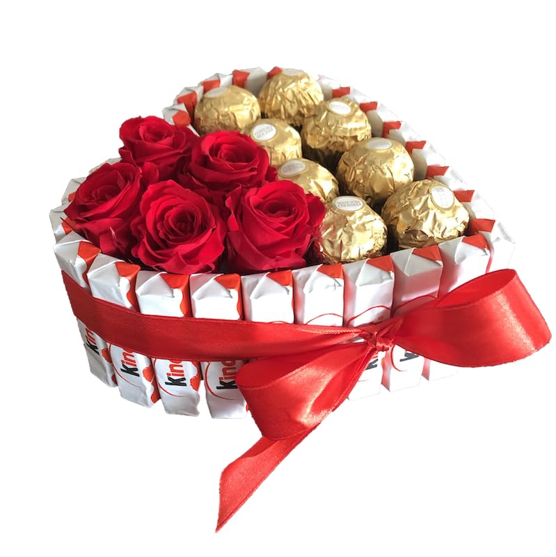Tartas Kinder: Cesta de chocolate perfecta para regalar en Navidad, San Valentín y cumpleaños con Kinder Bueno, Schoko Bons, Ferrero y flores preservadas (Corazón medium con rosas preservadas)