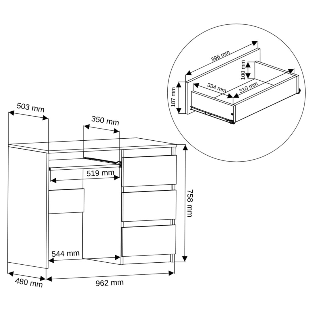 N-3 Schreibtisch weiß, Computertisch mit 3 Schubladen, Schreibtisch für Schlafzimmer, Wohnzimmer, Studio, 96 x 50 x 76 cm…