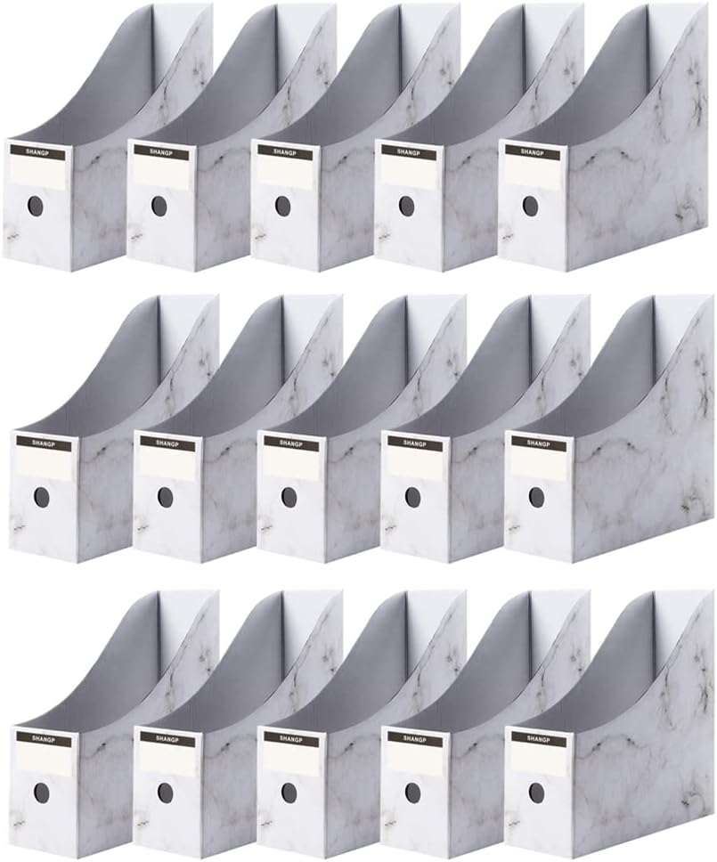 Foldable Desk File Holder Organizer Sturdy Cardboard Magazine Storage Box Document Rack with Blank Label Stickers for Home School Office (15, Marble)