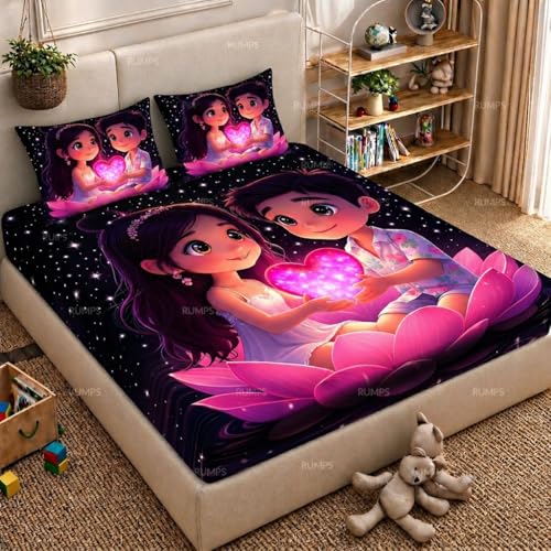 Image of RUMPS 7D Digital Cute Couple Bedsheet with 2 Pillow Covers, King Size Flat Bedsheet 90x100 Inch, Cartoon Love Theme Printed Bedsheet