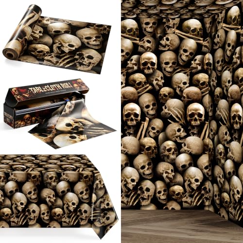 Image of Kochorie 100 Ft x 54 Inch Halloween Graveyard Skeleton Tablecloth Roll with Cutter Box Waterproof Plastic Horror Theme Catacombs Skull Photography Backdrop for Halloween Spooky Party Decor
