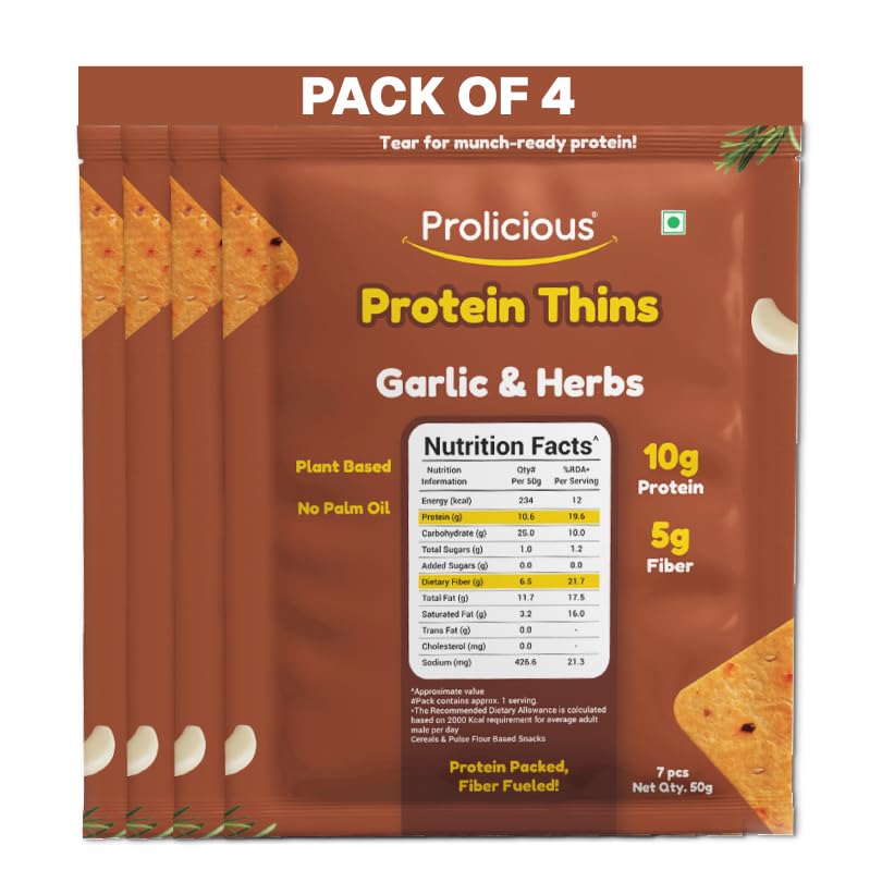 Image of Prolicious Healthy Protein Thin Chips |10g Protein & 5g Fibre Per Pack Per Pack Per Pack | Vegan Snacks |No Maida |No Palm Oil| 50g - Pack of 4| Desi Masala