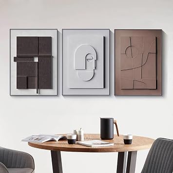 BULUXE Wall Art Set of 3 Japandi Geometric Canvas Wall Decor, 3D Abstract Minimalist Framed Artwork with Black Rectangle Frame for Living Room Bedroom Modern Home Style-A, 15" W x 1" D x 23" H