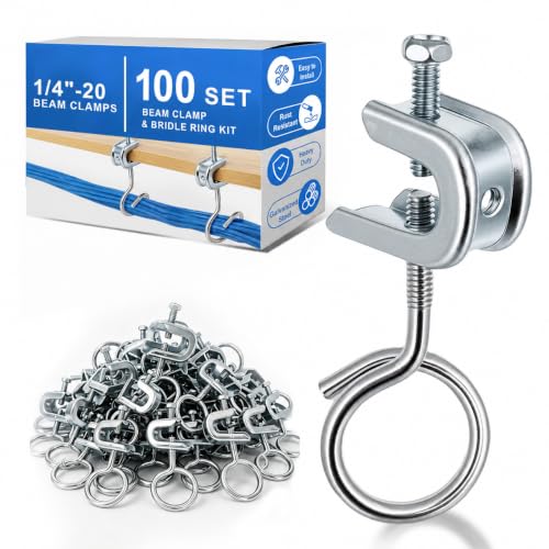 Image of 1 /4 inch x 20 Beam Clamps with 1-1 /4 inch Bridle Rings, 100 Sets | Steel Cable Support Hangers for I-Beam Flanges, Low-Voltage Wire and Pipe, No-Drill Mounting, Rated Up to 75 lb