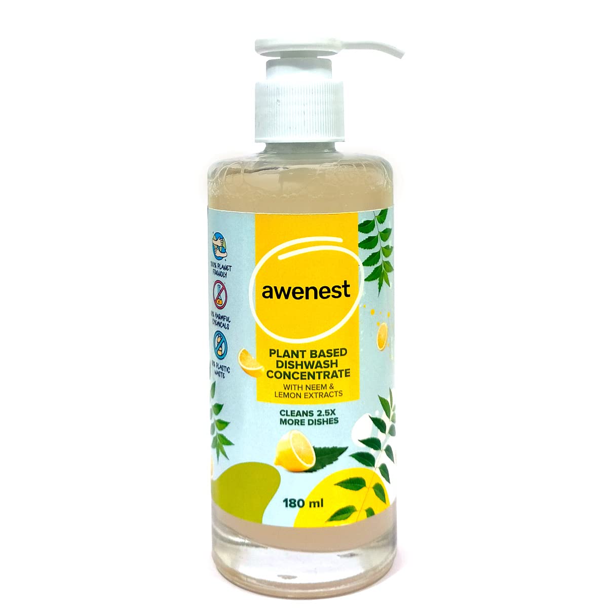 awenest 100% Plant Based Dishwash Concentrate | 180 ml = 450 ml of regular dishwash | 2.5X Concentrated | Neem and Lemon | 0% Harmful Chemicals | 0% plastic waste | Baby and Pet safe natural Dish wash