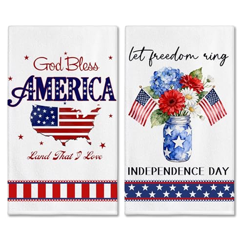 Image of Hexagram 4th of July Kitchen Towels, Patriotic Hand Towel for Bathroom, 4th of July Decor for Kitchen, Memorial Day, Independence Day Dish Towel, Patriotic Dceor for Bathroom