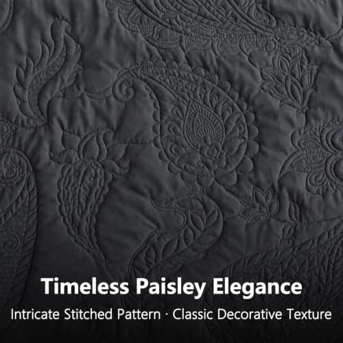 Image of HZ & HY Oversized Queen Bedspreads, Stitched Paisley, Dark Grey
