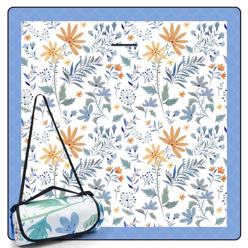 DEWUR Picknickdecke wasserdicht waschbar, Stranddecke Sandfrei XXL Campingdecke Strandmatte isoliert mit wasserdichter Unterseite (Weiß mit Blumen, 200 x 200 cm)