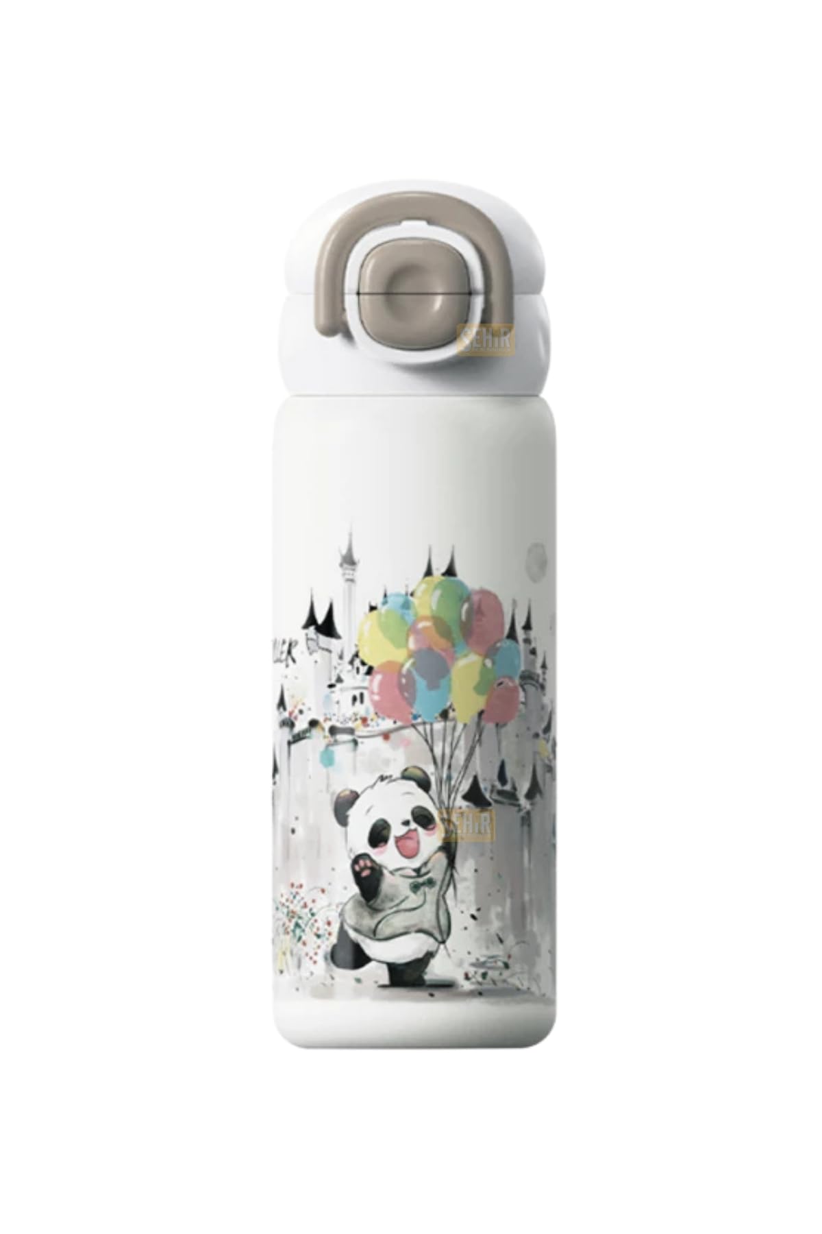 Vagonlife Diller 600ml Sevimli Hayvanlar Desenli Pipetli/Pipetsiz El Askılı Paslanmaz Çelik Termos (Panda)