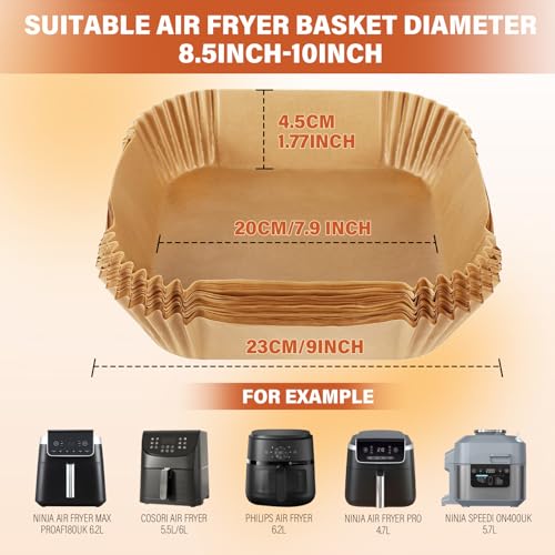 Image of Air Fryer Liners Disposable for Ninja Air Fryer MAX PRO AF180UK 6.2L, AF140UK 4.7L, 100pcs Air Fryer Liners Square, Parchment Paper for Cosori 5.5L /6L, Tefal 5L, Ninja Speedi, Air Fryer 4.5L-6.5L