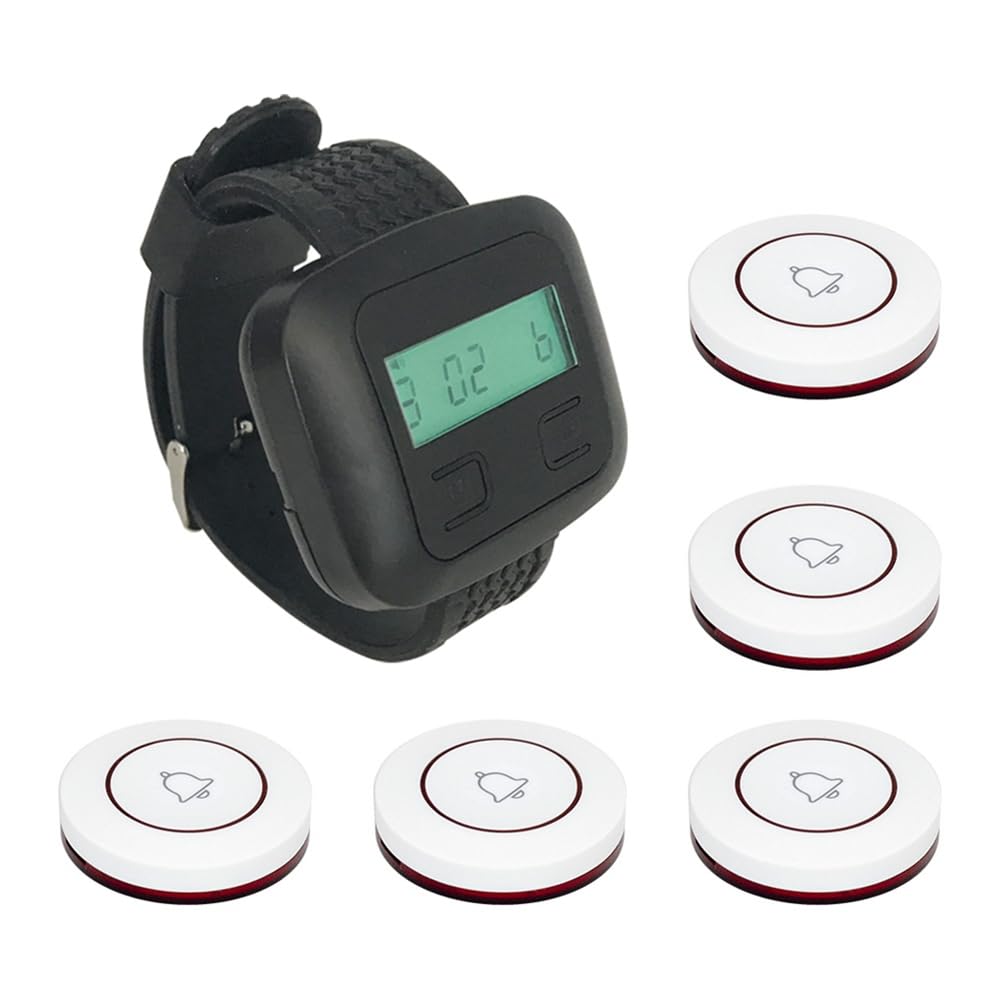 Jaywool Wireless Restaurant Calling System 5Table Call Button Transmitters 1Watch Pager, Restaurant Waiter Service Bell Buzzer A