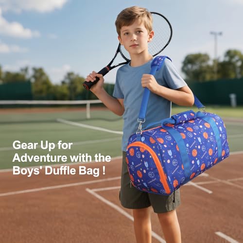 Image of Bagseri Boys Duffle Bag for Travel - Kids Gym & Sports Bag with Shoe Compartment & Water Resistant Wet Pocket, Weekender for Camping & Sleepover (Blue Basketball)