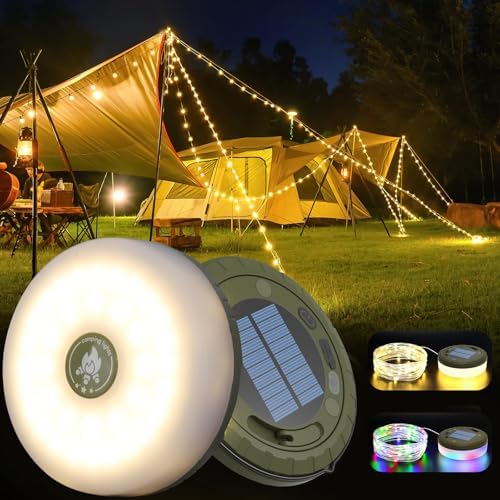 HAOONLIVE Solar Camping String Lights, 2 in 1 Rechargeable 32.8ft Camping Lights with 5 Lighting Modes, Waterproof Portable Tent Lighting for Outdoor Camping Hiking Awning Garden Party Festival Decor