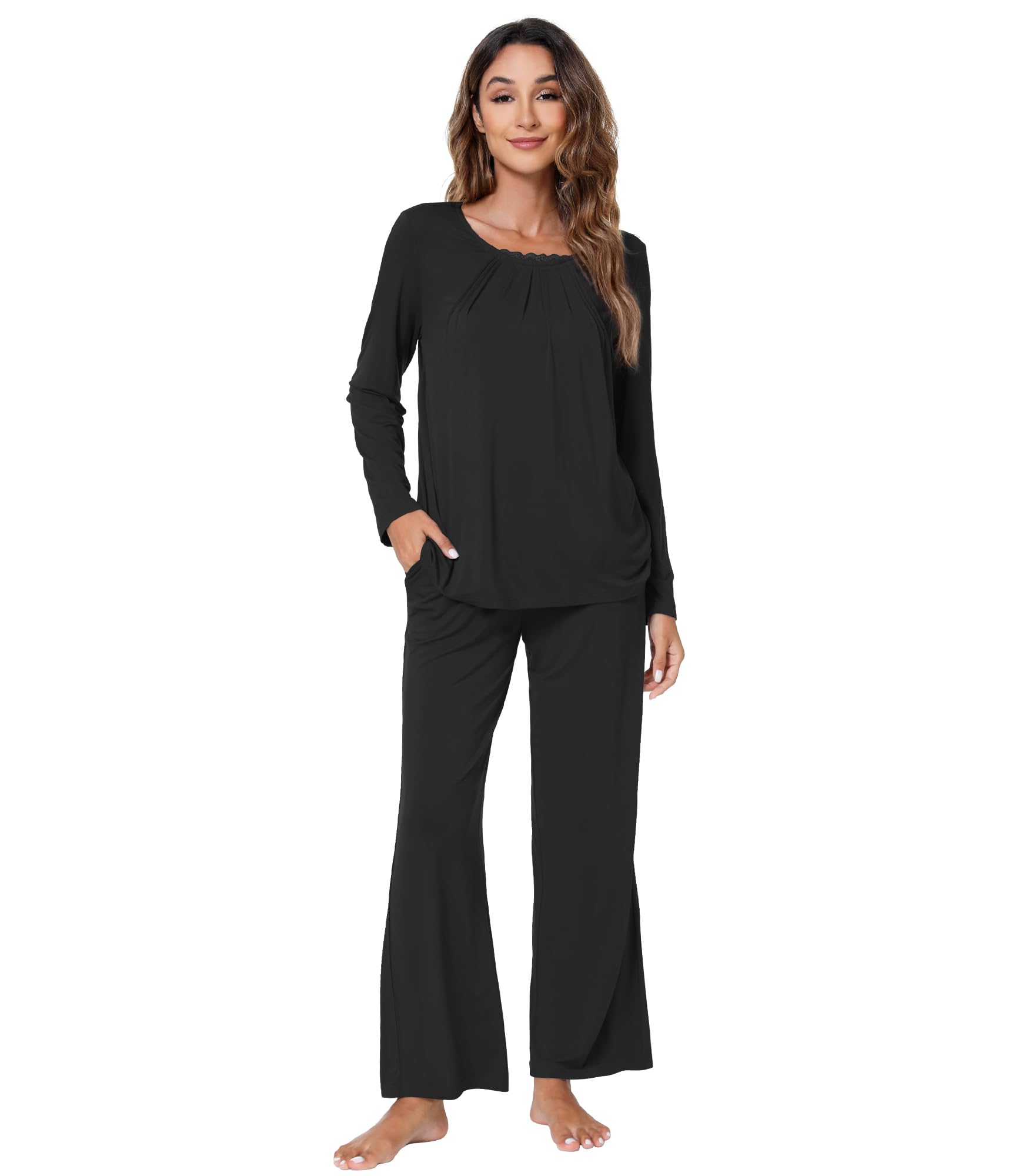 WiWi Bamboo Viscose Pajamas Sets for Women Lace Trim Long Sleeve Sleepwear Lounge Sets Plus Size Pjs with