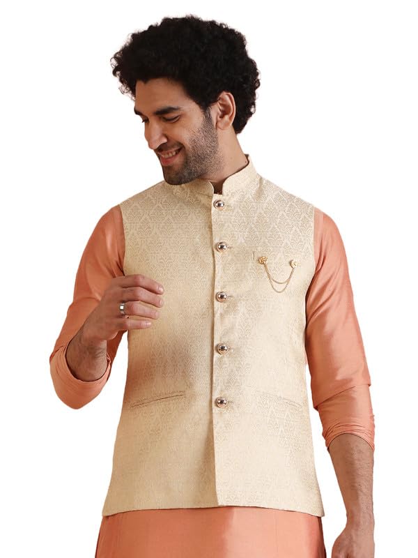 Men's Jacquard Silk Blend Textured Woven Nehru Jacket | Ethnic Waistcoat Perfect for Festive and Wedding-image-33