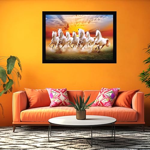 Image of Indianara Vastu Running Seven Horse Painting With Frame 20 Inches X 14 Inches (Style 3)
