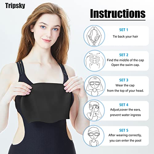 Tripsky Silicone Swim Cap For Long Hair | Swimming Cap For Women Men Teenager | Curved Bathing Cap Ideal For Curly Short Medium Long Thick Hair,Keep Your Hair Dry & Unchanged (Black, 1) #TOP5