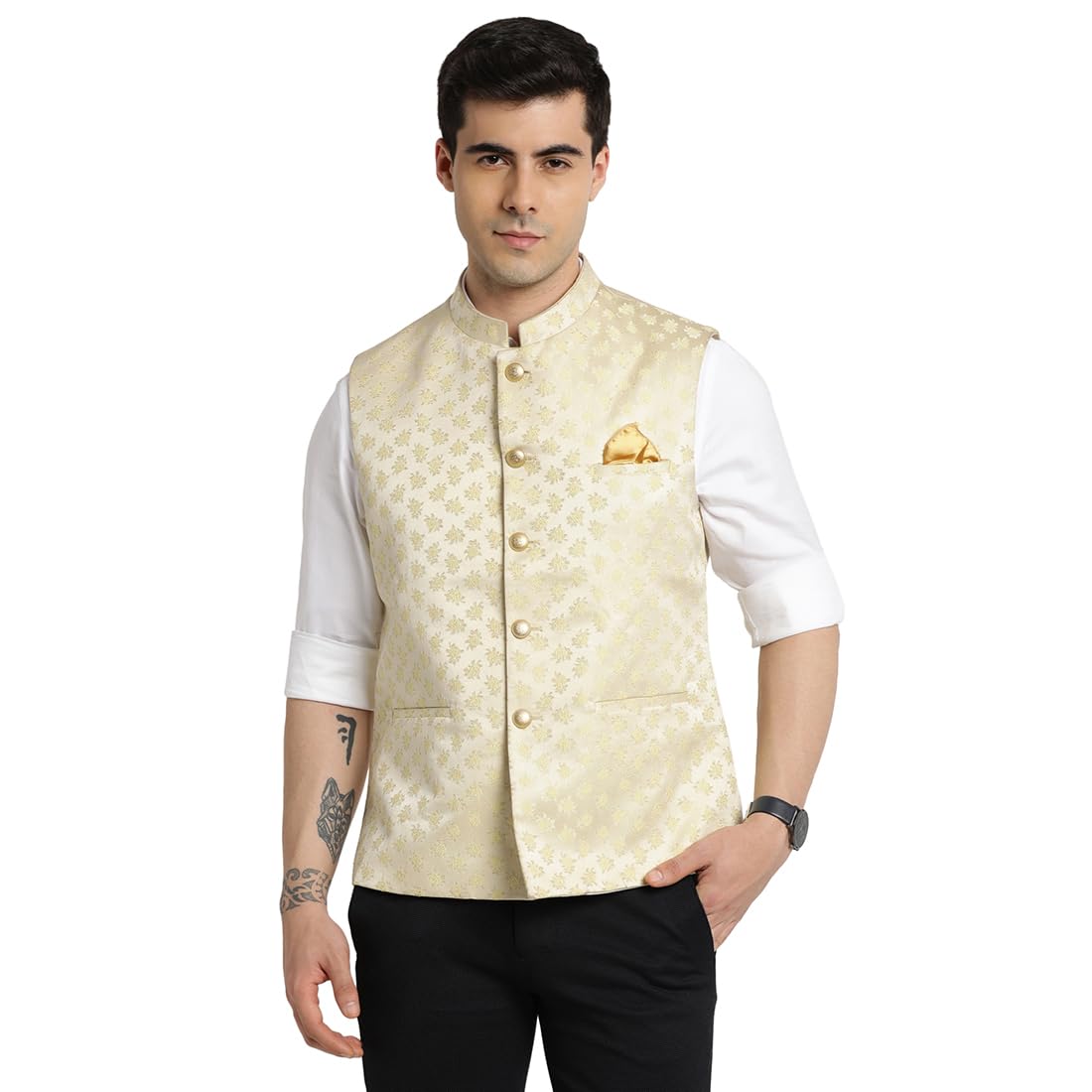 turtle Men Polyster Beige Dobby Print Formal Nehru Jacket-picture-10